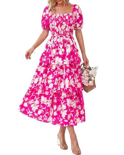 BTFBM Womens Square Neck Smocked Dress Summer Puff Short Sleeve Floral Casual Ruffle Tiered Maxi Wedding Guest Dresses(Floral Rose Red White, Small) - Image 1