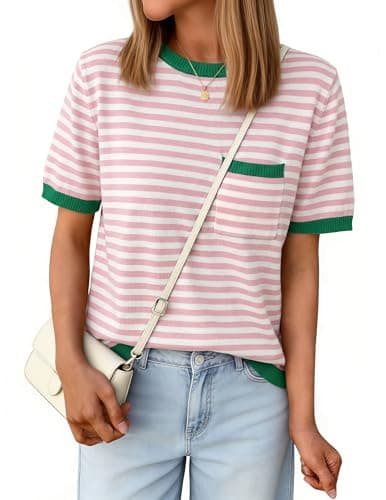 Aprolive Striped Shirt Women Short Sleeve Sweater with Chest Pocket Color Block Crewneck for Spring Summer Casual Layering(9-Light Pink Green,Large) - Image 1