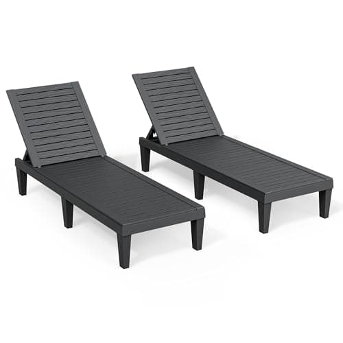 NBYSGO Outdoor Lounge Chairs Set of 2, 5-Position Adjustable Tanning Chairs with Wood Grain, All-Weather Resin Patio Recliners for Pool, Garden, Deck, Beach, Patio Lounge Chairs, Texture Black - Thumbnail 2