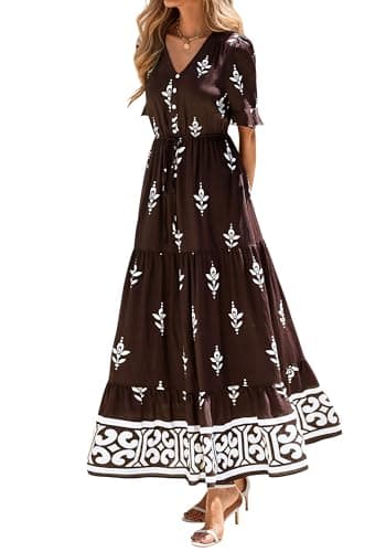 BTFBM Womens Summer Dresses 2026 Spring Casual Short Sleeve v Neck Boho Floral Flowy A-Line Tiered Maxi Dress Pockets(Floral Coffee White, Small) - Thumbnail 5