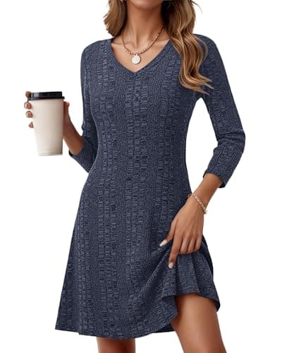 MOLERANI Womens Long Sleeve Dresses Ribbed Knit Fall Lightweight Sweater Dress - Knee Length Slimming Dress for Weddings Dinners Church Thanksgiving, Navy Blue, M - Image 1