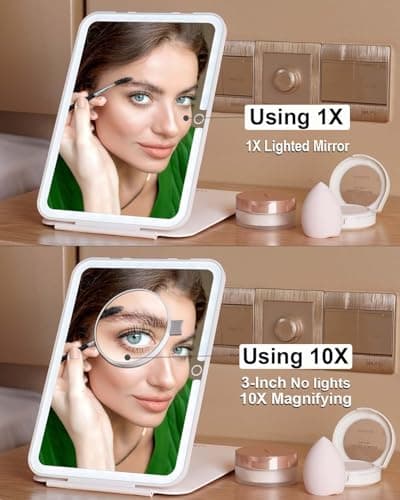 LUKYMIRO 7x9.5 Inches Lighted Travel Mirror with 10X Magnifying Round Mirror, Rechargeable Battery, USB-C Charging, 78 LEDs, Tabletop Mount - Thumbnail 5