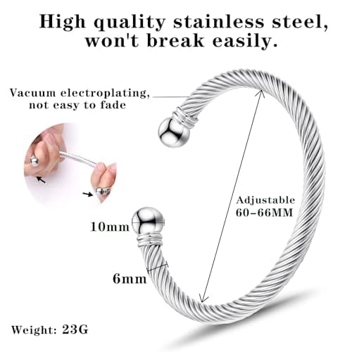 BOLAGTIER Stainless Steel Twisted Cable Wire Bracelets Adjustable Open Cuff Bangle Bracelet Vintage Jewelry Gift for Women (C-Silver) - Thumbnail 5