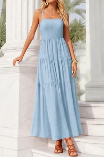 Okiwam Women's Summer Dress 2026 Casual Boho Sleeveless Spaghetti Strap Smocked Maxi Dress Ruffle Long Beach Sundresses-XL Blue - Thumbnail 6
