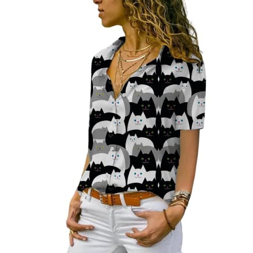 Chicwave Women's Short Sleeve Button Down Shirt, Collared V Neck Cat Print Blouse, Lightweight Casual Novelty Top for Weekend, Vacation, Travel, Summer, White - Thumbnail 4