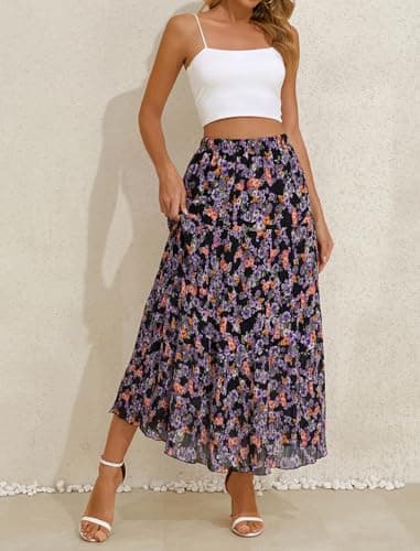 Arolina High Waisted Skirt Women 2026 Summer Trendy Elastic Flowy Long Maxi Skirts Tiered Ruffle A Line Pleated Floral Pattern - Thumbnail 3