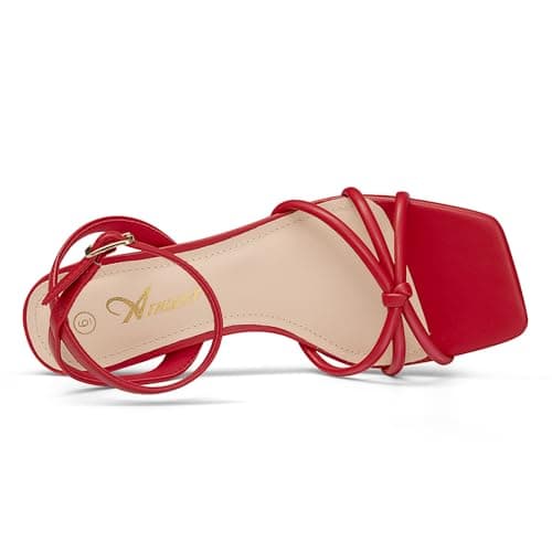 Athlefit Kitten Heels for Women Red Square Open Toe Strappy Low Heels Ankle Strap Summer Sexy Party Dress Sandals Size 8.5 - Thumbnail 5