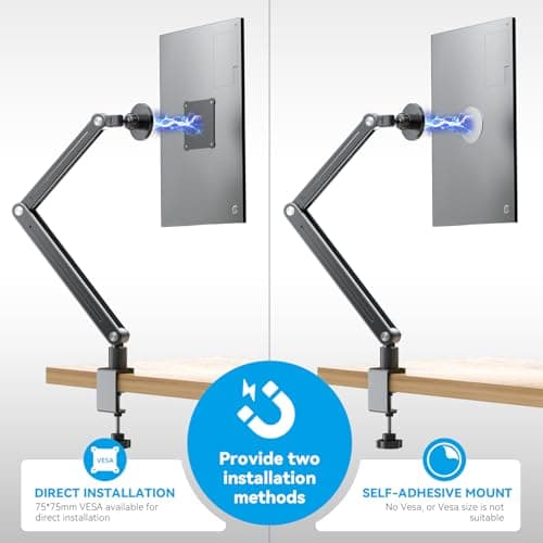 Jakeko Magnetic Portable Monitor Holder Arm - Heavy Duty Solid Aluminum 75mm VESA Mount Desk Clamp 8.3" 12.9" 15.6" 16" 17.3" 18.5 inch 360° Swivel Base with Cable Clips - Thumbnail 5