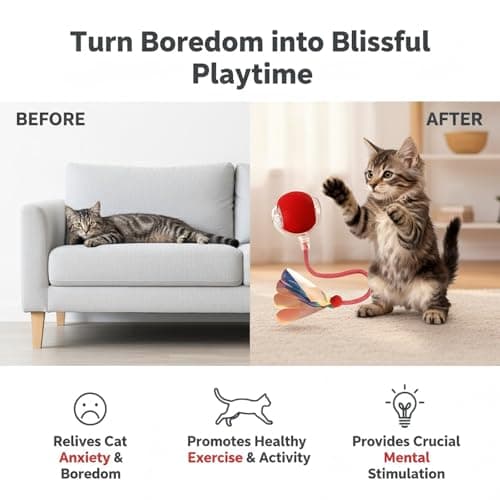 Interactive Cat Toy for Indoor Cats - Automatic Cat Toy Ball with Tail, Self Moving Electric Kitten Toys, USB Rechargeable Smart Rolling Ball, Motion Activated Cat Enrichment Toys for Bored Cats Red - Thumbnail 3