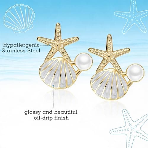 Stainless Steel Starfish & Seashell Earrings for Women | Elegant Pearl Drop Dangle Earrings with Starfish Top, Hypoallergenic Beach Vacation Jewelry | Summer Tropical Outfits, Dresses Trendy 2026 Fashion Accessories (White) - Thumbnail 6