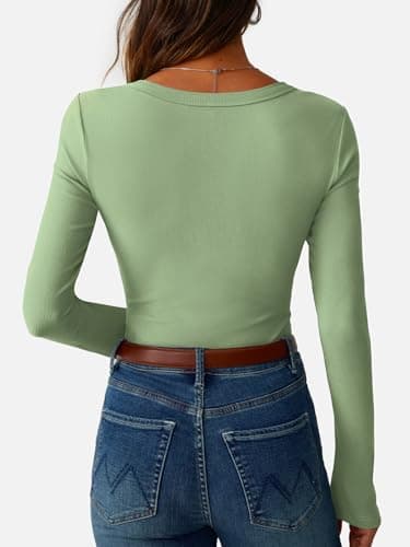 GKBK Womens Long Sleeve Ribbed Tops Fitted Stretch Casual Crewneck Basic Tee Shirts Tight Layering 2026 Fall Fashion Outfits Light Green - Thumbnail 4