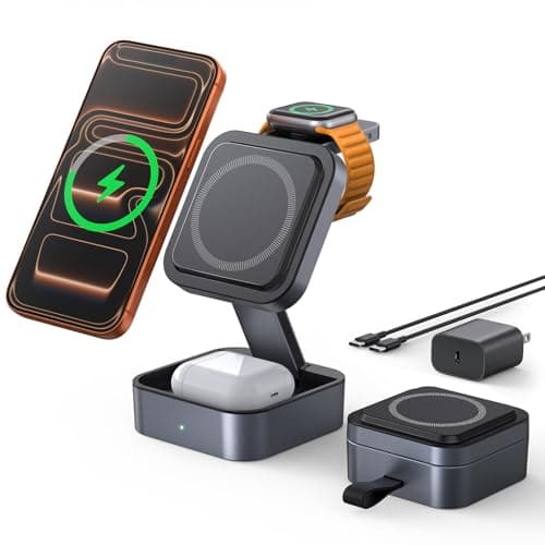 Aoara 3 in 1 Wireless Charging Station for Apple Multiple Devices, Foldable Travel MagSafe Charger Stand with 20W PD Adapter for iPhone 17 16 15 14 13, Apple Watch, AirPods Pro/4 - Space Grey - Image 1