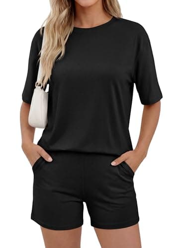 PRETTYGARDEN 2026 Women's Summer 2 Piece Sets Casual Lounge Set Short Sleeve Tops Shirts Shorts Travel Beach Vacation Outfits (Black,Large)