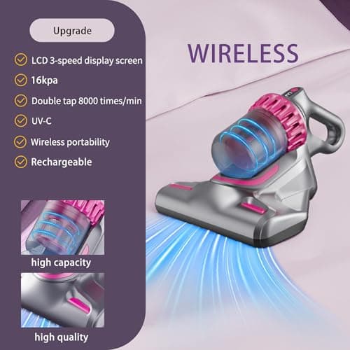 AMZAREA Mattress Vacuum Cleaner Cordless: 16Kpa Bed Vacuum Cleaner with 253.7nm UV-C Light 8000/min Pat Triple Filtration Portable Vacuums for Sofa Bed (BLACK01) - Thumbnail 3