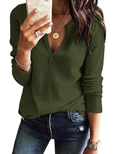 Dellytop Women's V Neck Long Sleeve Waffle Knit Top Loose Fitting Winter Warm Pocket Pullover Sweater Olive Green - Image 1