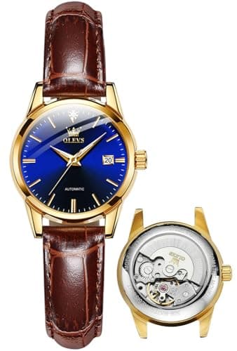 OLEVS Automatic Watch for Women Rose Gold Self Winding Mechanical Wrist Watches for Women Blue Dial Date Waterproof Genuine Brown Leather Strap Elegant Ladies Dress Watches Business Professional - Image 1