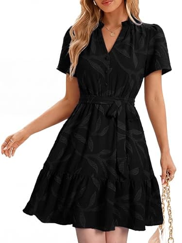 Simplee Womens Summer Dresses 2026 Casual Short Sleeve Tie Waist V Neck Aline Swing Boho Mini Dress with Pockets Black,L - Image 1