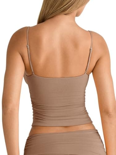PINKMSTYLE V Neck Camisole Tops for Women Spaghetti Strap Double Lined Tank Top Ruched Crop Tank Tops Slim Fit Cami Shirt Apricot X-Large - Thumbnail 6
