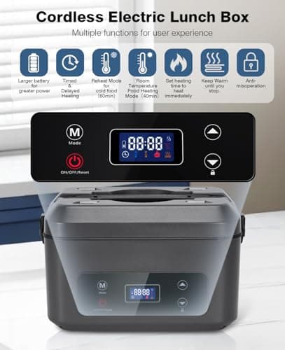 SKEOS Cordless Electric Lunch Box for Adults, Heated Lunch Box Battery Powered with 5 Side Heating, Portable Food Warmer with 5.5 Cups Removable Container, Self-Heating Food Warmer for Work,GreyBlack - Thumbnail 2