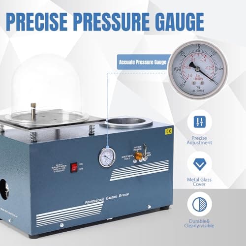 lakimi Vacuum Investing Casting Machine 2L - Vacuum Machine with 3 CFM Pump & Bell Jar for Jewelry Casting Molds Processing CM01 110V，LK-CM01 - Thumbnail 3