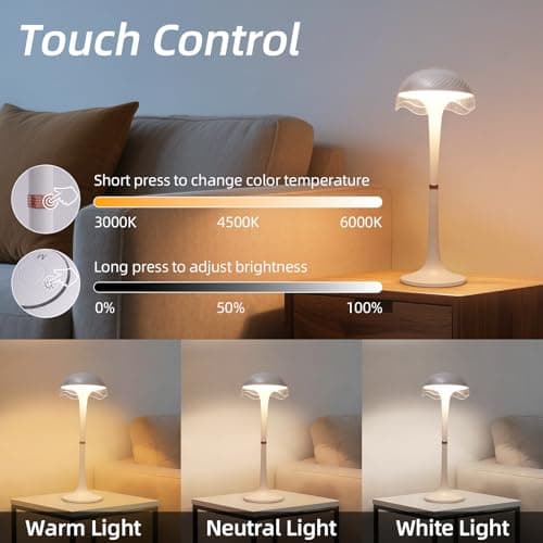 DEXULESA Cordless Table Lamp, Portable Battery Operated Touch Control Lamp with 3 Colors & 7 RGB Stepless Dimmable, Rechargeable Table Lamp for Home Office/Dinner/Restaurant/Bedroom (White) - Thumbnail 3