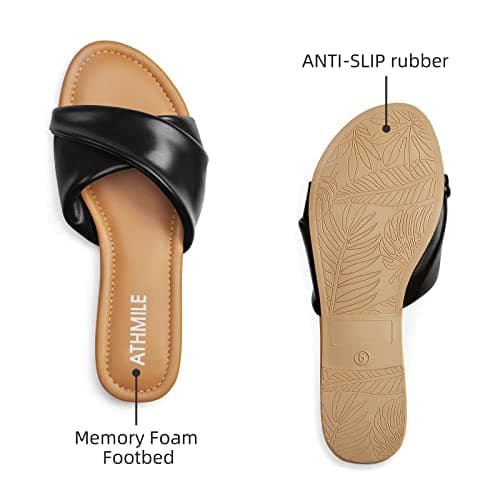 ATHMILE Sandals Women Dressy Summer Flat Comfortable Fashion Beach Cute Ladies Slides Leather Casual Dress Women's Sandals 2025 Black Size 11 - Thumbnail 5