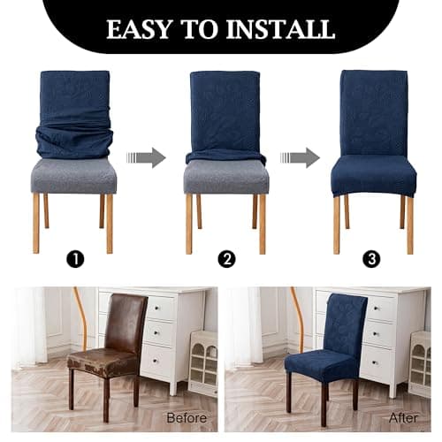 Genina Waterproof Dining Chair Covers Set of 8,Stretch Dining Room Chair Slipcovers with Leaf Jacquard,Removable Kitchen Chair Protector for Home,Restaurant,Banquet-Navy Blue - Thumbnail 6