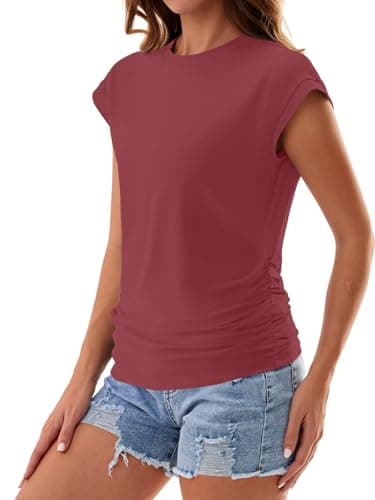 GKBK Womens Summer Tops Ruched Cap Short Sleeve Tshirts Business Fashion Trendy Clothes Outfits Coral S - Thumbnail 2