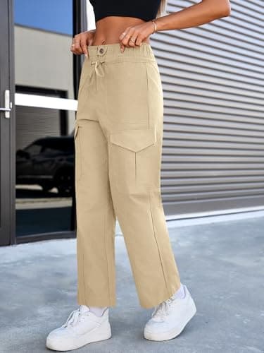 Cicy Bell Womens Cotton Cargo Pants Low Rise Drawstring Waist Wide Leg Casual Hiking Pants with Multiple Pockets Khaki - Thumbnail 2