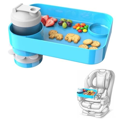 Car Seat Snack Tray for Kids, Mess-Free Square Travel Tray Cup Holder Snack Tray, Durable Car Food Tray for Toddlers, Universal Fit Kids Travel Road Trip Essentials (1, Sky Blue)