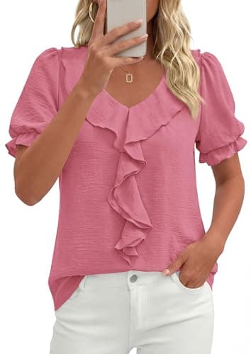 PRETTYGARDEN Women's Summer Dressy Casual Blouses 2026 Short Sleeve V Neck Ruffle Business Work Tops Trendy Spring Outfits (Dark Pink,Medium) - Thumbnail 4
