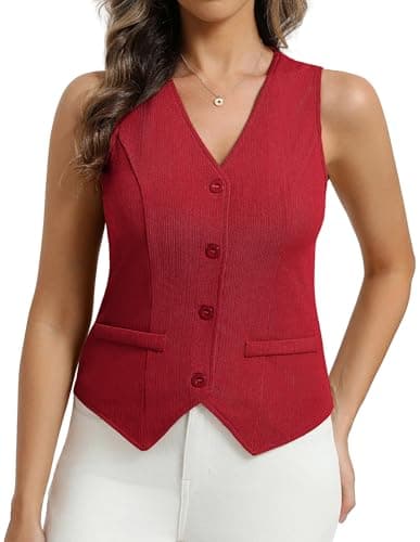 Belle Poque Womens Vest Top Trendy Knitted Waistcoat Sleeveless Button Down Tops Suit Vest Tops (Red,XL) - Image 1