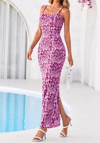BTFBM Womens Maxi Dress 2026 Spring Floral Sexy Spaghetti Straps Sleeveless Bodycon Summer Beach Wedding Guest Dresses(Dark Purple Print, X-Small) - Thumbnail 4