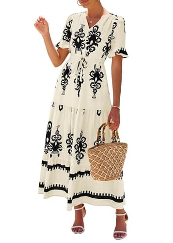 Lazysmile Summer Dresses for Women Short Sleeve V Neck Floral Drawstring Flowy A Line Boho Maxi Dress with Pockets Apricot - Image 1