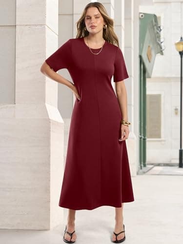 ANRABESS Womens Summer Maxi Dresses Casual Short Sleeve Elegant Classy Vintage 2026 Spring Flowy Cocktail Dress 80s Outfit Dark Red Large - Thumbnail 2