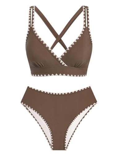 ZAFUL 2 Piece Bikini Set Whip Stitch Wide Strap Swimsuit High Waisted V-Neck Summer Beach Swim Bathing Suits 2026 Brown Small - Thumbnail 6
