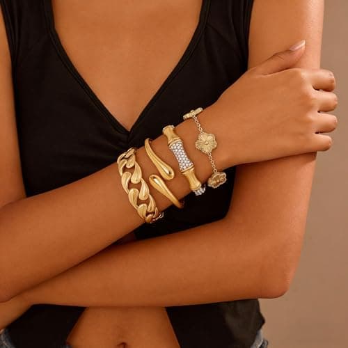 Stackable Gold Bracelets for Women - 4 Sets, 18K Gold Plated Bracelets, Stainless Steel Bangle Bracelets Non-Tarnish, Stylish Gold Jewelry Ensemble, Valentine's Day, Birthday and Christmas Jewelry Gifts - Thumbnail 3