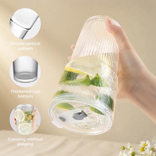 Colnic 4PCS 20oz Glass Cups with Lids and Straws, Iced Coffee Cups with Lids, Stylish Ribbed Thick Drinking Glasses Tumbler for Juice, Smoothies, Cold Beverages, Cute Cup Gifts with Clean Brush - Thumbnail 3