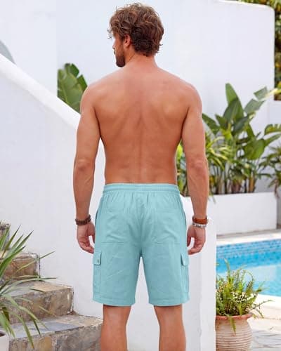 TRFIC Men's Cotton Linen Cargo Shorts - Elastic Waist with Drawstring, 6 Pockets, Summer Beach Vacation, Casual Lounge X-Large Light Blue - Thumbnail 4