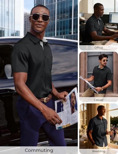 PJ PAUL JONES Mens Short Sleeve Casual Button Down Shirt Wrinkle Free Lightweight Dress Shirts Summer Black M - Thumbnail 4