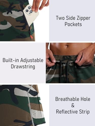 3rd hill Men's 7 inch Running Shorts with Zipper Pockets Quick Dry Athletic Gym Workout Shorts Lightweight Green Camo XL - Thumbnail 4