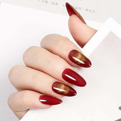 Red Cat Eye Press On Nails - Almond Glitter Static Fake Nails, Handcrafted Reusable Manicure for Glam Party Style, 24 Nails in 12 Sizes with Glue, Tabs, File, Prep Pad, Manicure Stick - Thumbnail 2