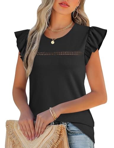 JUSTFASHIONNOW Womens Ruffle Short Sleeve Tops Black Cute Summer Shirts Dressy Casual Crew Neck Blouses 2026 Fashion Outfits(Black,Small) - Thumbnail 2