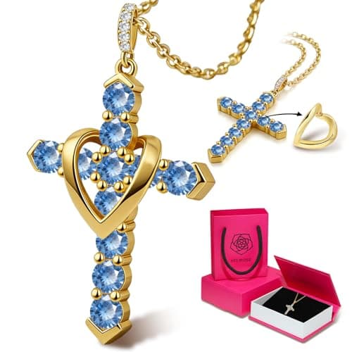 Cross Necklace for Women, Heart Cross Necklace for Women, 18K Gold Plated, Gold Necklace for Women, Dainty Cubic Zirconia Pendant, Hypoallergenic Jewelry for Women, Christian Religious Gifts(Blue-Gold) - Image 1