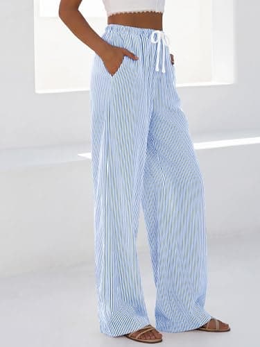 BTFBM Striped Wide Leg Pants for Women Spring Summer 2026 Drawstring Lounge PJ Beach Bottoms Casual Trousers Pockets(Light Blue, Small) - Thumbnail 6