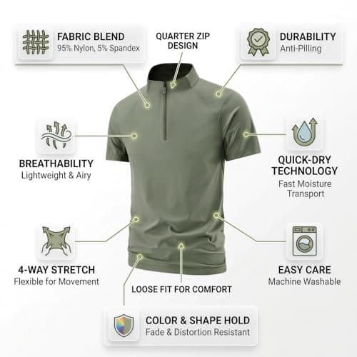 Oversized Workout Shirts for Men Short Sleeve Quarter Zip Athletic Shirts Pullover Lightweight Quick Dry Loose Fit Athletic Tops Baggy Work Out Shirt Breathable Gym Clothes Plus Size Gym Tshirt Khaki - Thumbnail 6