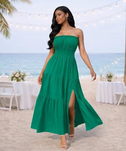 ABKY Off The Shoulder Dress Summer Strapless Tube Top Dresses Long Flowy A Line Side Slit Vacation Beach Holiday Party Outfit DeepGreen 2XL - Thumbnail 3