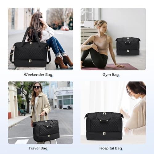 MDODO Travel Duffel Bag for Women Weekender Overnight Carry on Tote with Shoe Compartment Wet Pocket for Business Trips Travel Sports Gym Yoga Hospital, 3 Pcs Set, 43L, Black, Water-Resistant Nylon - Thumbnail 6