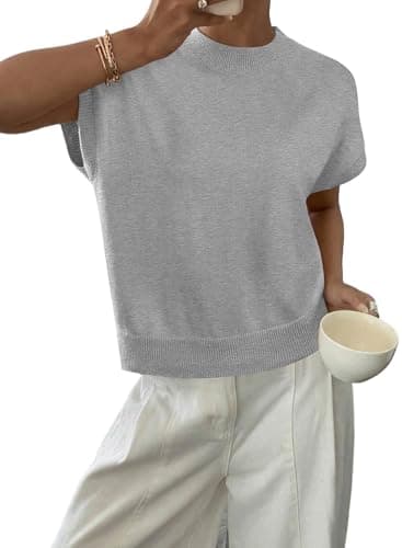 BLENCOT Women's Ribbed Sweater Casual Crew Neck Short Sleeve Loose Fit Cap Sleeve Knit Pullover Tops Gray 2XL - Image 1