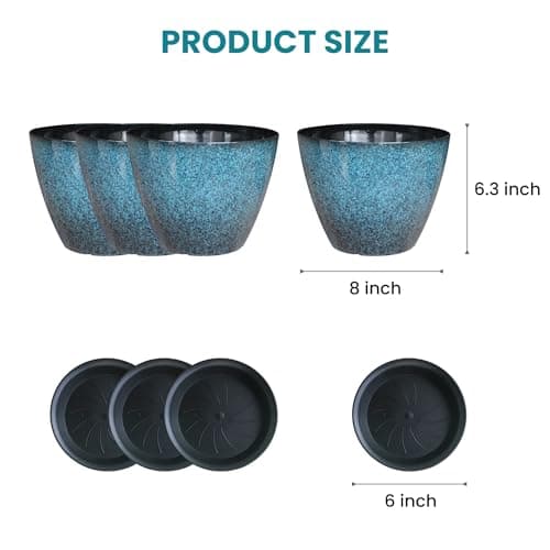 Vanslogreen 8 inch Plant Pots, Pack of 4 Plastic Planter for Indoor Outdoor Plant with Drainage Holes and Saucers, Flower Pots for Garden Home Decor (Blue, 4pcs) - Thumbnail 2